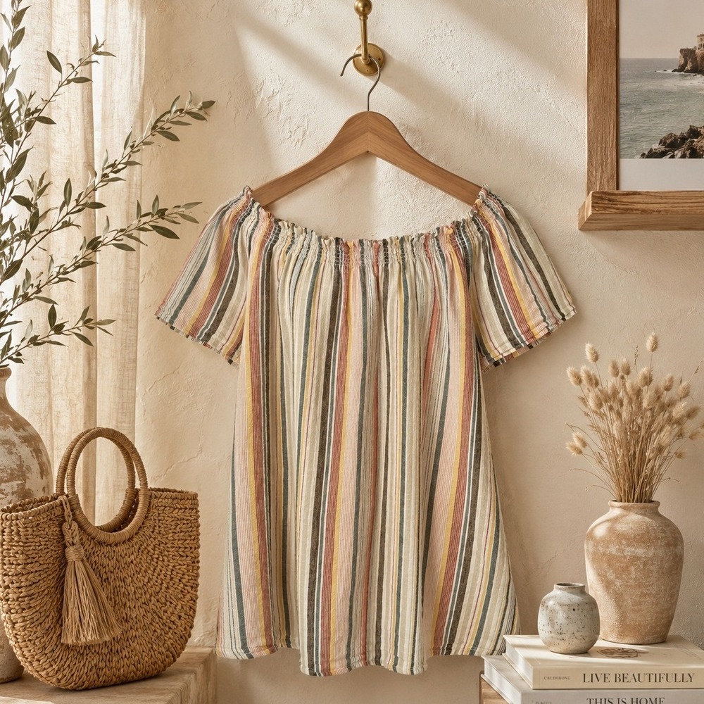 Striped Linen Blend‎ Short Sleeve Peasant Blouse M Boho Cottagecore Coastal Top